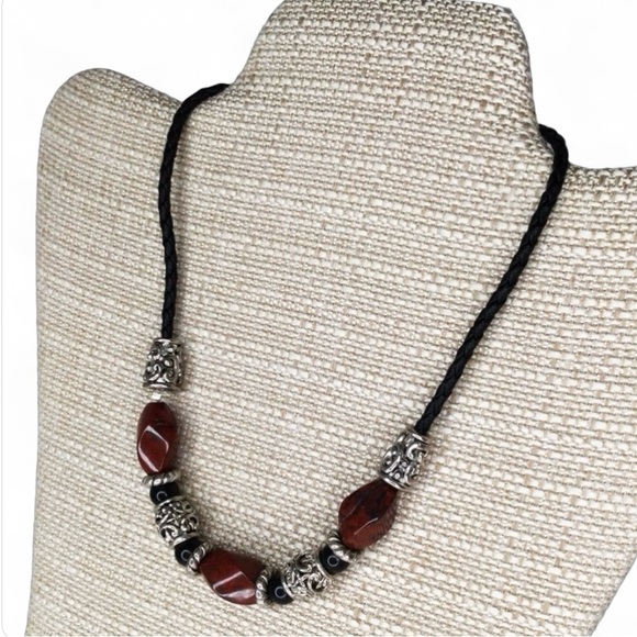 Vintage Red Jasper Necklace – Artisan Silver Accents on Braided Cord - Picture 5 of 13